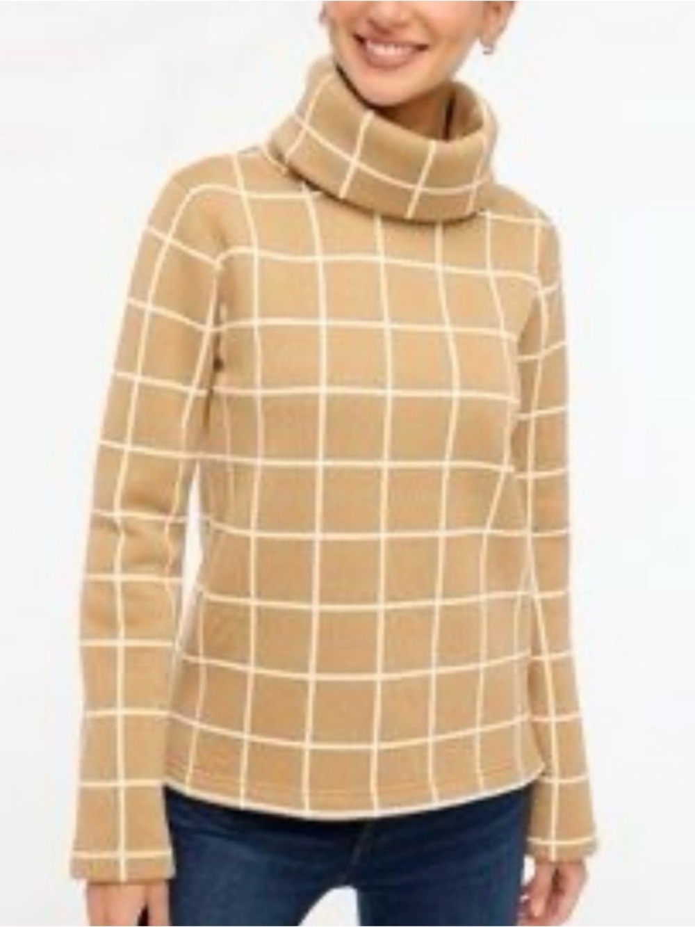 JCrew Fleece-Lined Grid Pattern Turtleneck Sweater | Carmel & White | Medium